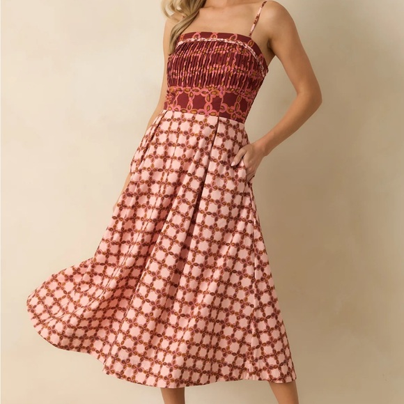 Strut & Bolt Dresses & Skirts - Smocked Bodice Pink Patterned Midi Dress from Red Dress